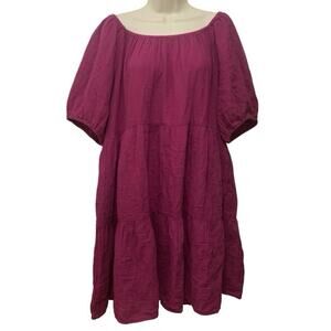 Old Navy Dress Womens XL Berry Puff Sleeve Mini Swing Tiered Gauze Cotton NWT